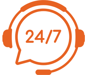 Orange headset icon with a speech bubble containing "24/7," representing around-the-clock customer support or service availability.