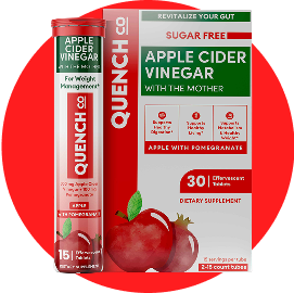 Box and tube of Quench Co Apple Cider Vinegar dietary supplement tablets, sugar free, apple with pomegranate flavor, with images of apples on the packaging.