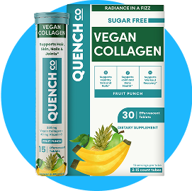 Quench Co Vegan Collagen fruit punch tablets packaging, highlighting 30 sugar-free tablets per box, supporting hair, skin, nails, and joints.