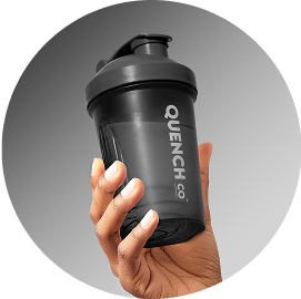 A hand holds a black shaker bottle with a flip-top lid and the text