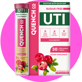 A tube and box of Quench Co UTI Cranberry dietary supplement, labeled sugar free and containing 30 effervescent tablets for urinary tract health.